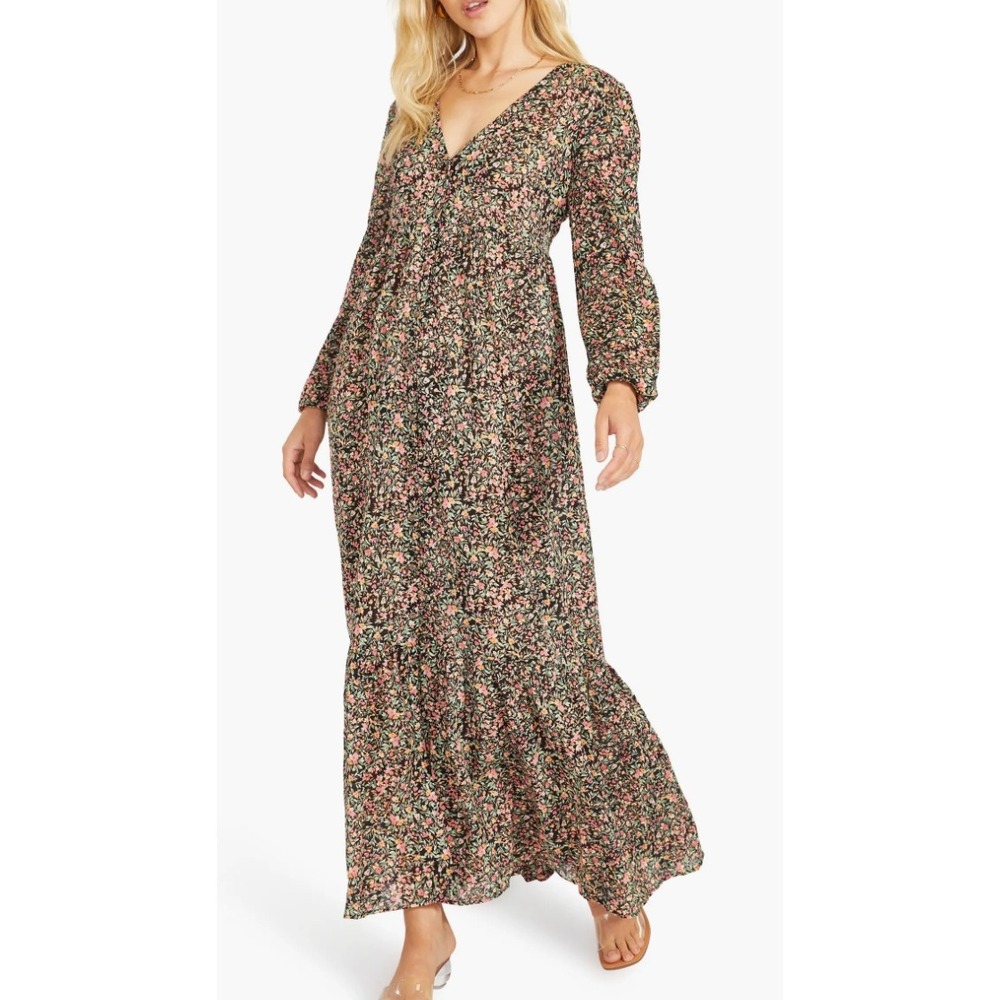BB Dakota Steve Madden Floral Cotton Maxi Dress XS Black Pink Tiered V-Neck Boho